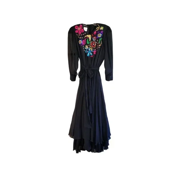 Vintage Diane Freis Original Black Silk Dress With Colorful Beaded Floral Design - Picture 7 of 7